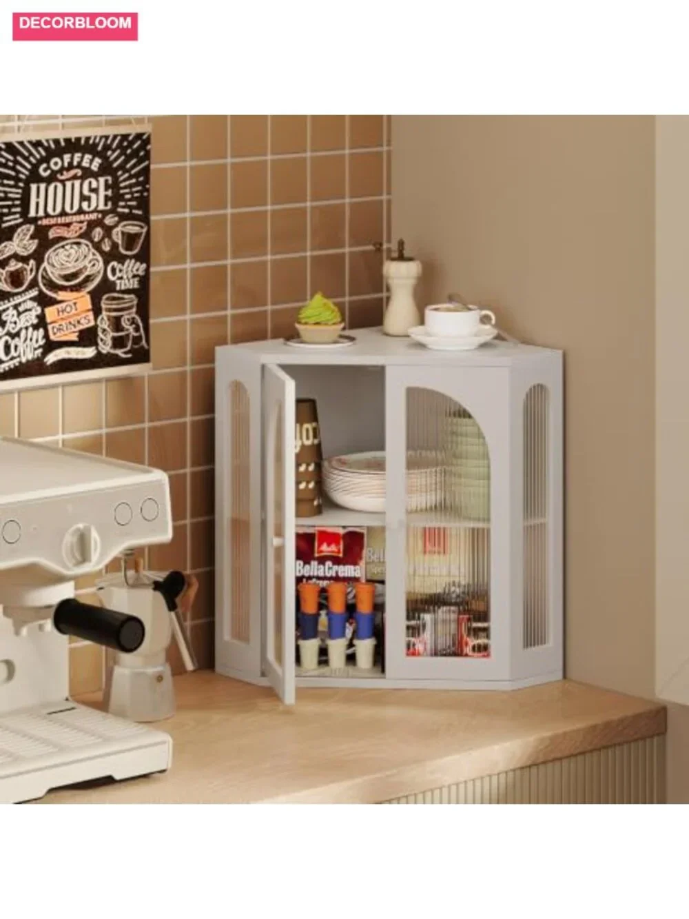 Corner Bread Box Double Layer Bamboo with Arched Acrylic Windows for Kitchen